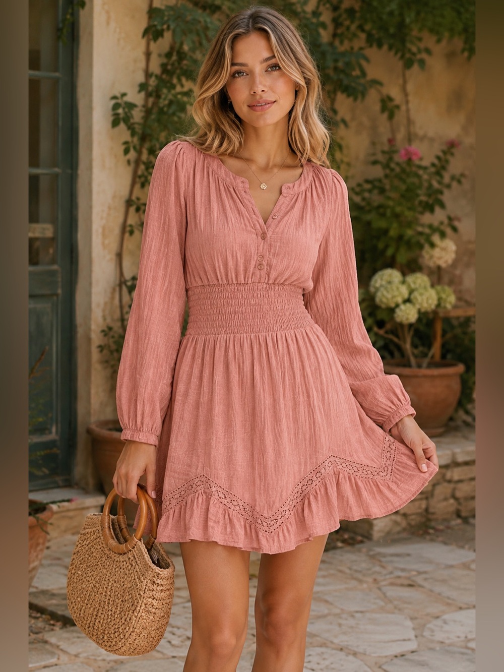 Steve Madden Women’s Small Coral Pink Cotton Smocked Boho Ruffle Mini Dress Lace